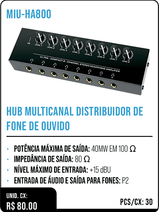 HUB MULTICANAL DISTRIBUIDOR DE FONE DE OUVIDO UNID. CX: R$ 80.00 PCS/CX: 30