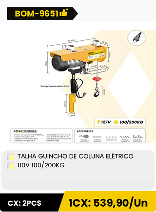TALHA GUINCHO DE COLUNA ELÉTRICO 110V 100/200KG CX: 2PCS 1CX: 539,90/Un