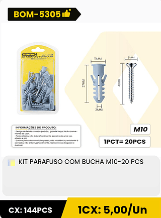 KIT PARAFUSO COM BUCHA M10-20 PCS CX: 144PCS 1CX: 5,00/Un