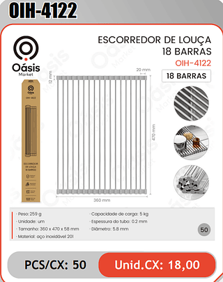 ESCORREDOR DE LOUCA 18 BARRAS PCS/CX: 50 Unid.CX: 18,00