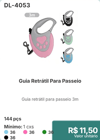 Guia retrátil para passeio 3m 144 pçs R$ 11.50