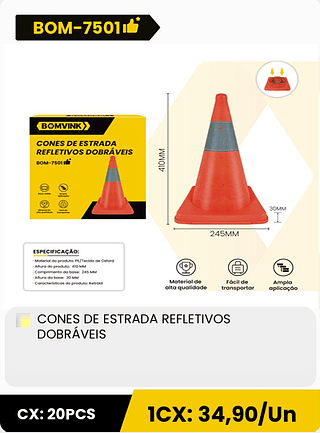 CONES DE ESTRADA REFLETIVOS DOBRÁVEIS CX: 20PCS 1CX: 34,90/Un