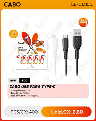 CABO USB PARA TYPE-C PCS/CX: 400 Unid.CX: 2,80