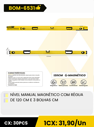 NÍVEL MANUAL MAGNÉTICO COM RÉGUA DE 120 CM E 3 BOLHAS CM CX: 30PCS 1CX: 31,90/Un