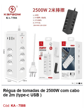 Régua de tomadas de 2500W com cabo de 2m (type-c USB ) R$ 38,7 PCS/CX: 60