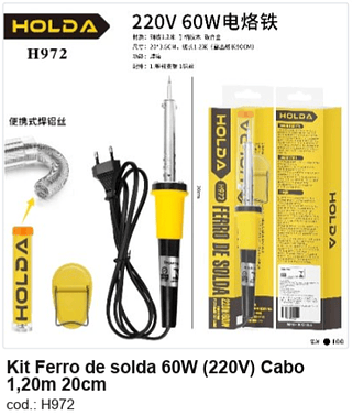 Kit Ferro de solda 60W (220V) Cabo 1,20m 20cm R$ 12,6 PC/CX:100