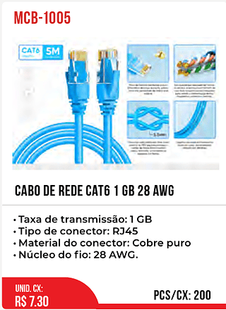 CABO DE REDE CAT6 1 GB 28 AWG 200pç=7,3$