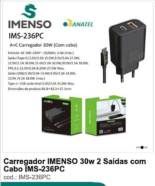 Carregador IMENSO 30w 2 Saídas com Cabo 100PC/CX R$19,8