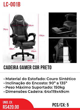 CADEIRA GAMER COR PRETO 5pç=420$