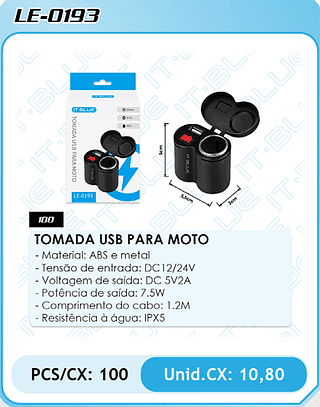 TOMADA USB PARA MOTO 100PÇ=10,8$