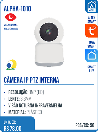 CÂMERA IP PTZ INTERNA UNID. CX: R$ 78.00 PCS/CX: 50