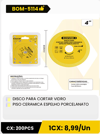 DISCO PARA CORTAR VIDRO PISO CERAMICA ESPELHO PORCELANATO CX: 200PCS 1CX: 8,99/Un