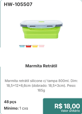 Marmita Retrátil 48 pçs R$ 18,00