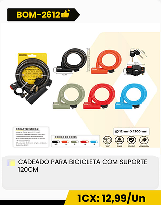 CADEADO PARA BICICLETA COM SUPORTE 120CM CX: 72PCS 1CX: 12,99/Un