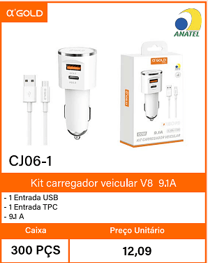 Kit carregador veicular V8 9.1A Caixa 300 PCS Preco Unitario 12,09