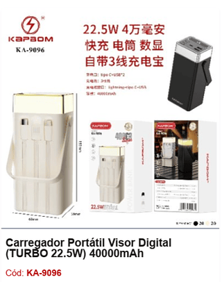Carregador Portátil Visor Digital (TURBO 22.5W) 40000mAh R$121,5 PCS/CX: 40