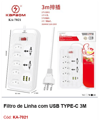 Filtro de Linha com USB TYPE-C 3M R$ 37,8 PCS/Cx:80