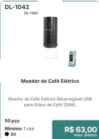 Moedor de Cafe Elétrico 50 pçs R$ 63,00
