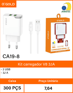 Kit carregador V8 3.1A Caixa 300 PCS Preco Unitario 7,64