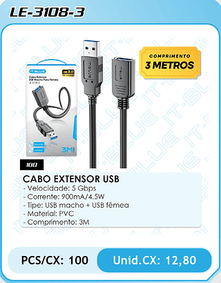 CABO EXTENSOR USB - Velocidade: 5 Gbps - Corrente: 900mA/4.5W - Tipe: USB macho + USB fêmea - Material: PVC - Comprimento: 3M PCS/CX: 100 Unid.CX: 12,80
