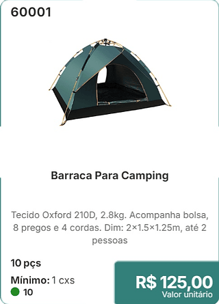 Barraca Para Camping 10 pçs R$ 125,00