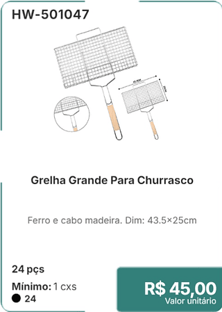 Grelha Grande Para Churrasco 24 pçs R$ 45,00