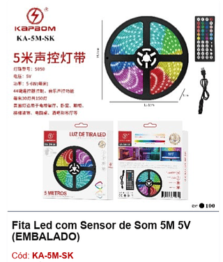 Fita Led com Sensor de Som 5M 5V R$ 18,9 PCS/CX: 100