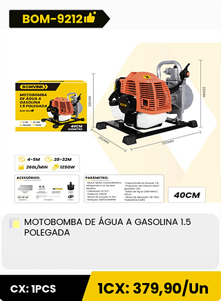 MOTOBOMBA DE AGUA A GASOLINA 1.5 POLEGADA CX: 1PCS 1CX: 379,90/Un