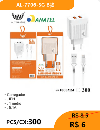 CARREGADOR LIGHTNING PCS/CX:300 R$ 6
