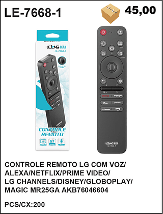 CONTROLE REMOTO LG COM VOZ/ ALEXA/NETFLIX/PRIME VIDEO/ LG CHANNELS/DISNEY/GLOBOPLAY/ MAGIC MR25GA AKB76046604 200PÇ=45$