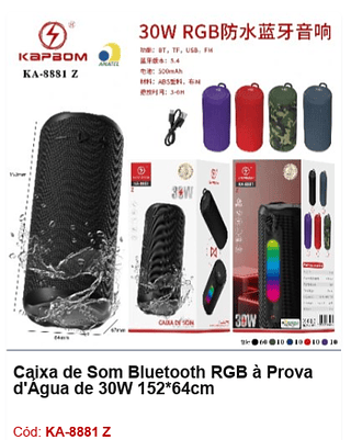 Caixa de Som Bluetooth RGB à Prova d'Água de 30W R$27 PCS/CX:100
