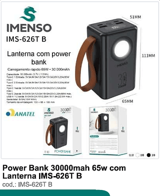 Power Bank 30000mah 65w com Lanterna R$112,5 PC/CX 20