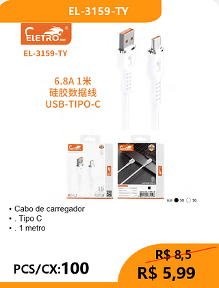 Cabo de carregador TPC PCS/CX:100 R$5,99