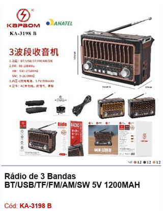 Rádio de 3 Bandas BT/USB/TF/FM/AM/SW 5V 1200MAH R$52,2 PCS/CX:36