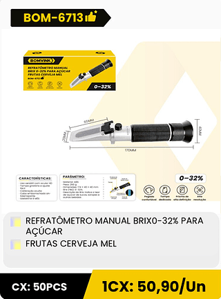 REFRATÔMETRO MANUAL BRIXO-32% PARA AÇÚCAR FRUTAS CERVEJA MEL CX: 50PCS 1CX: 50,90/Un