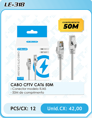 CABO CFTV CAT6 50M - Conector modelo RJ45 - 50M de comprimento PCS/CX: 12 Unid.CX: 42,00