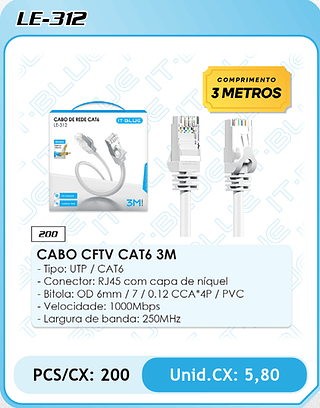 CABO CFTV CAT6 3M - Tipo: UTP / CAT6 - Conector: RJ45 com capa de níquel - Bitola: OD 6mm / 7 / 0.12 CCA*4P / PVC - Velocidade: 1000Mbps - Largura de banda: 250MHz PCS/CX: 200 Unid.CX: 5,80