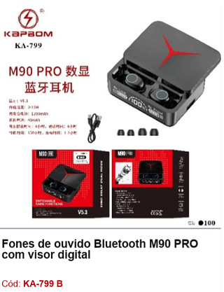 Fones de ouvido Bluetooth M90 PRO com visor digital R$14,4 PCS/CX:100