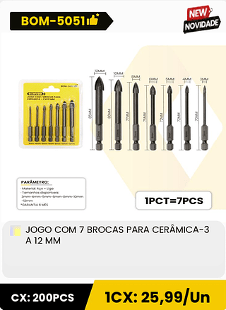 JOGO COM 7 BROCAS PARA CERÂMICA-3 A 12 MM CX: 200PCS ICX: 25,99/Un