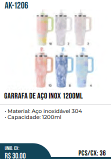 garrafa de aço inox 1200ml UNID. CX: R$ 30.00 PCS/CX: 36