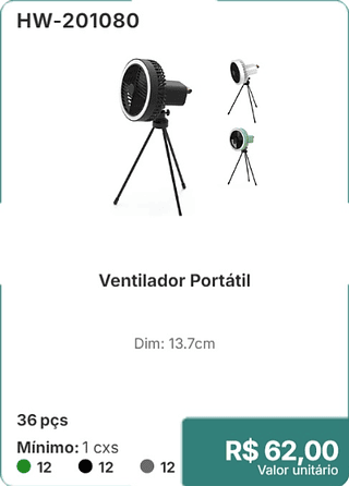 Ventilador Portátil 36 pçs R$ 62,00