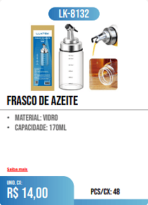 FRASCO DE AZEITE PCS/CX: 48 UNID. CX: r$ 14,00