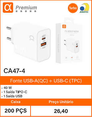 Fonte USB-A(QC)+ USB-C (TPC) Caixa 200 PCS Preco Unitario 26,40