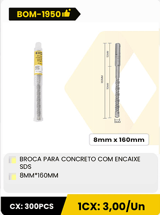 BROCA PARA CONCRETO COM ENCAIXE SDS 8MM*160MM CX: 300PCS 1CX: 3,00/Un