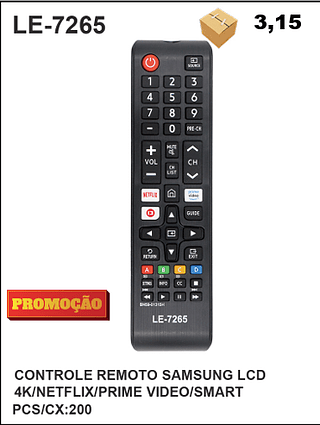 CONTROLE REMOTO SAMSUNG LCD 4K/NETFLIX/PRIME VIDEO/SMART 200PÇ=3,15$