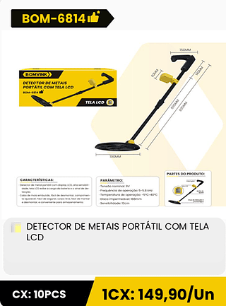DETECTOR DE METAIS PORTATIL COM TELA LCD CX: 10PCS 1CX: 149,90/Un