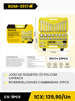 JOGO DE SOQUETES 1/2 POL.COM CATRACA REVERSÍVEL,CHAVES COMBINADAS-37PCS CX: 5PCS 1CX: 139,90/Un