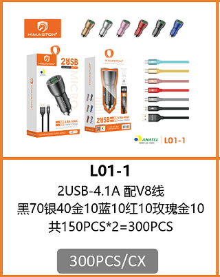 CARREGADOR VEICULAR V8 2USB-4.1A 300PCS/CX R$:7,82