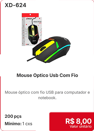 Mouse Optico Usb Com Fio 200 pçs R$ 8.00