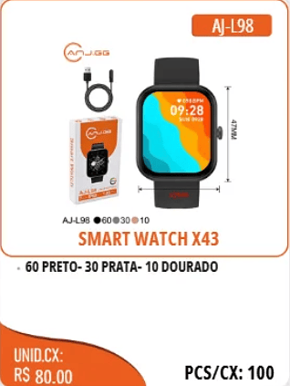 SMART WATCH X43 UNID.CX: RS 80.00 PCS/CX:100